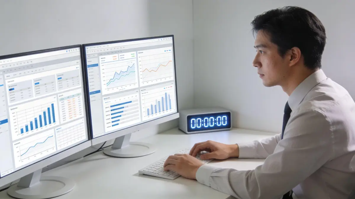 A professional man analyzing business performance data on multiple computer monitors in an office setting.