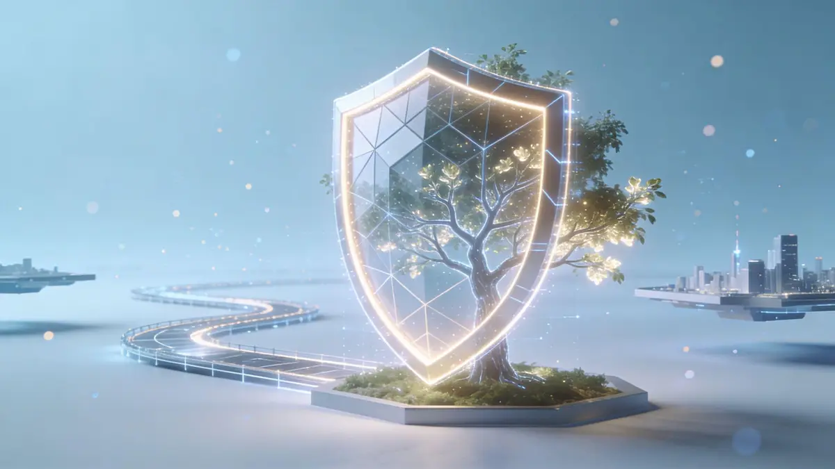 A glowing digital shield protecting a tree representing nature and security on a futuristic landscape platform