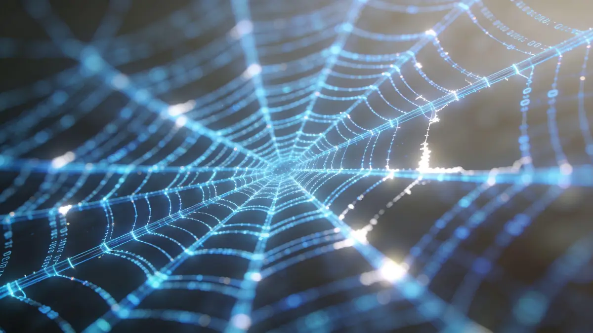 A digital spider web made of glowing blue lines representing data connections and global network security