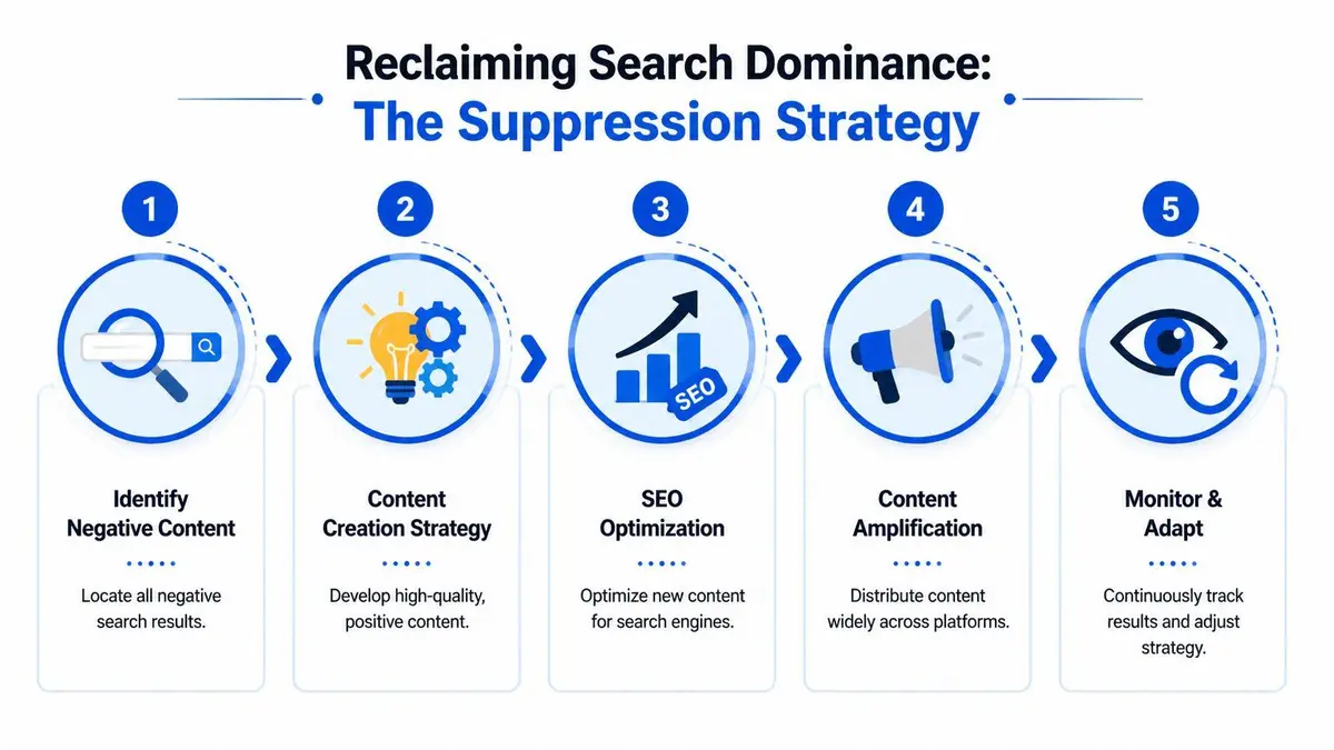 A five-step infographic illustrating a suppression strategy to reclaim search dominance and manage negative online content.