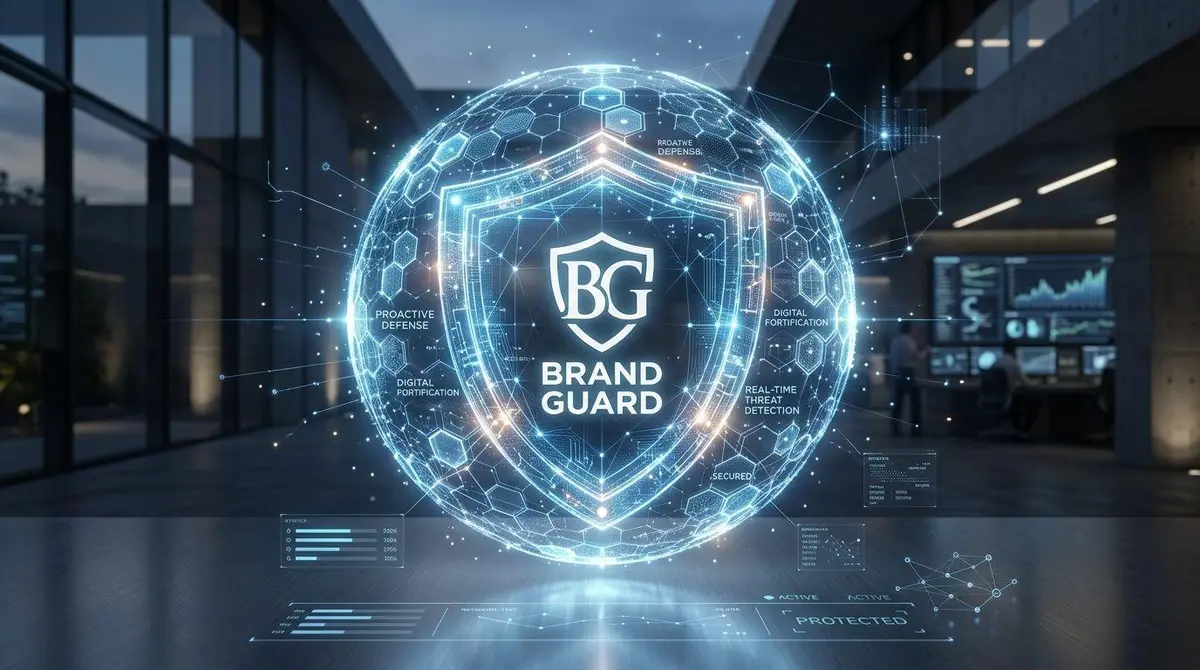 A digital shield graphic representing cybersecurity and brand reputation management glowing in a futuristic office environment.