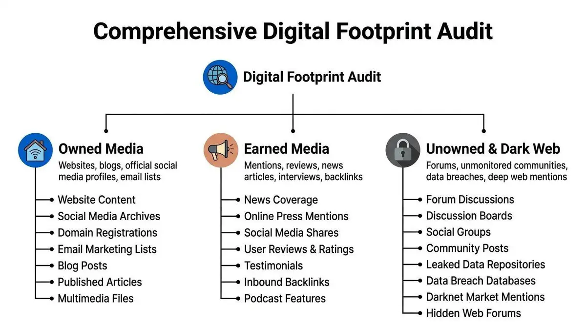 A diagram outlining a comprehensive digital footprint audit including owned, earned, and unowned or dark web categories.
