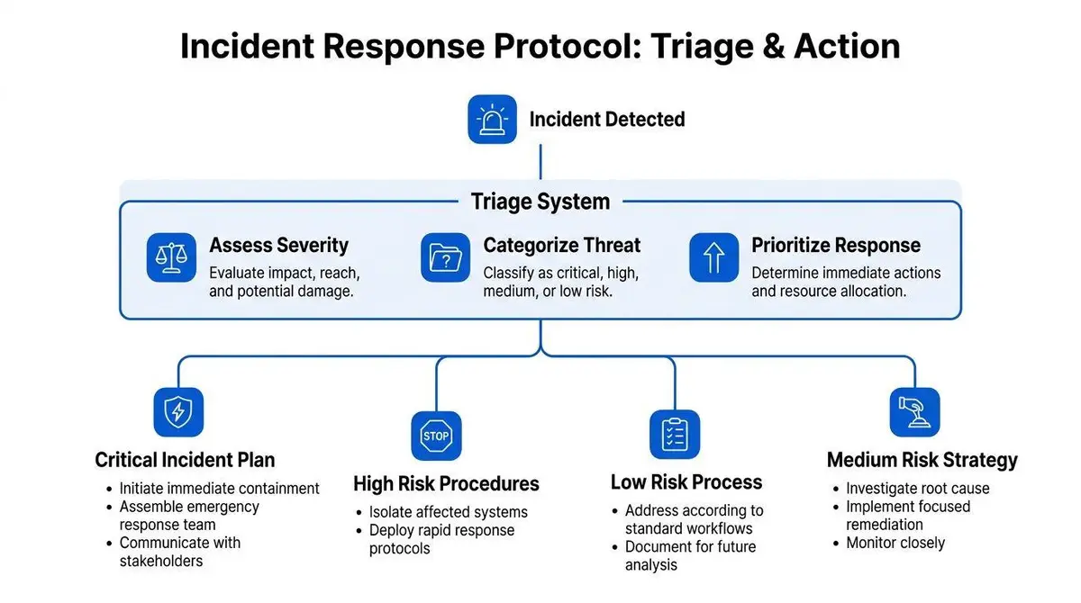 A flowchart diagram illustrating an incident response protocol with triage and action steps for cyber security management.