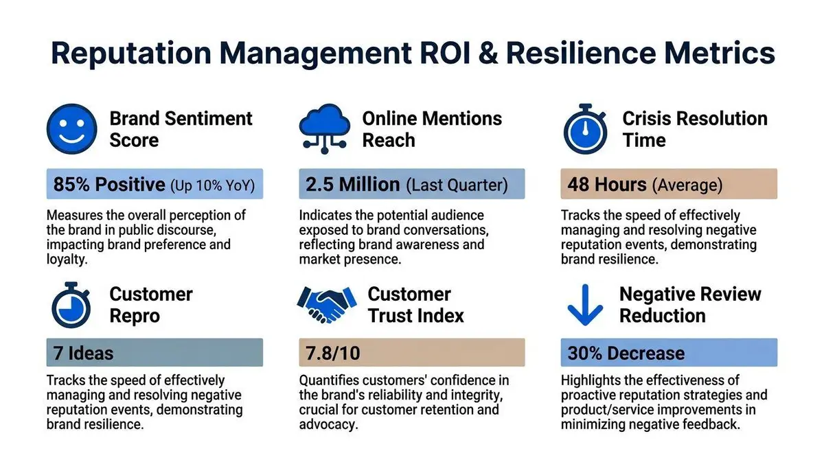 A professional infographic titled Reputation Management ROI & Resilience Metrics displaying six key performance indicators for brand reputation.