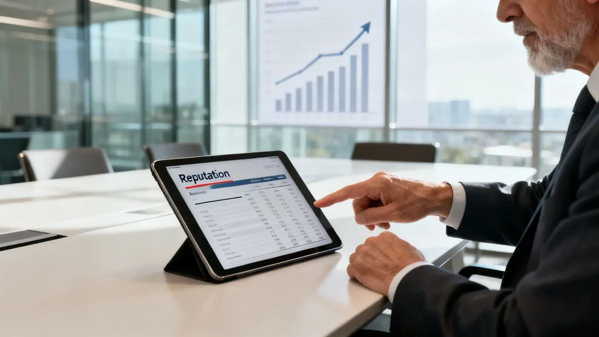 A businessman reviews a 'Reputation' report on a tablet in a modern office, showing upward trends.