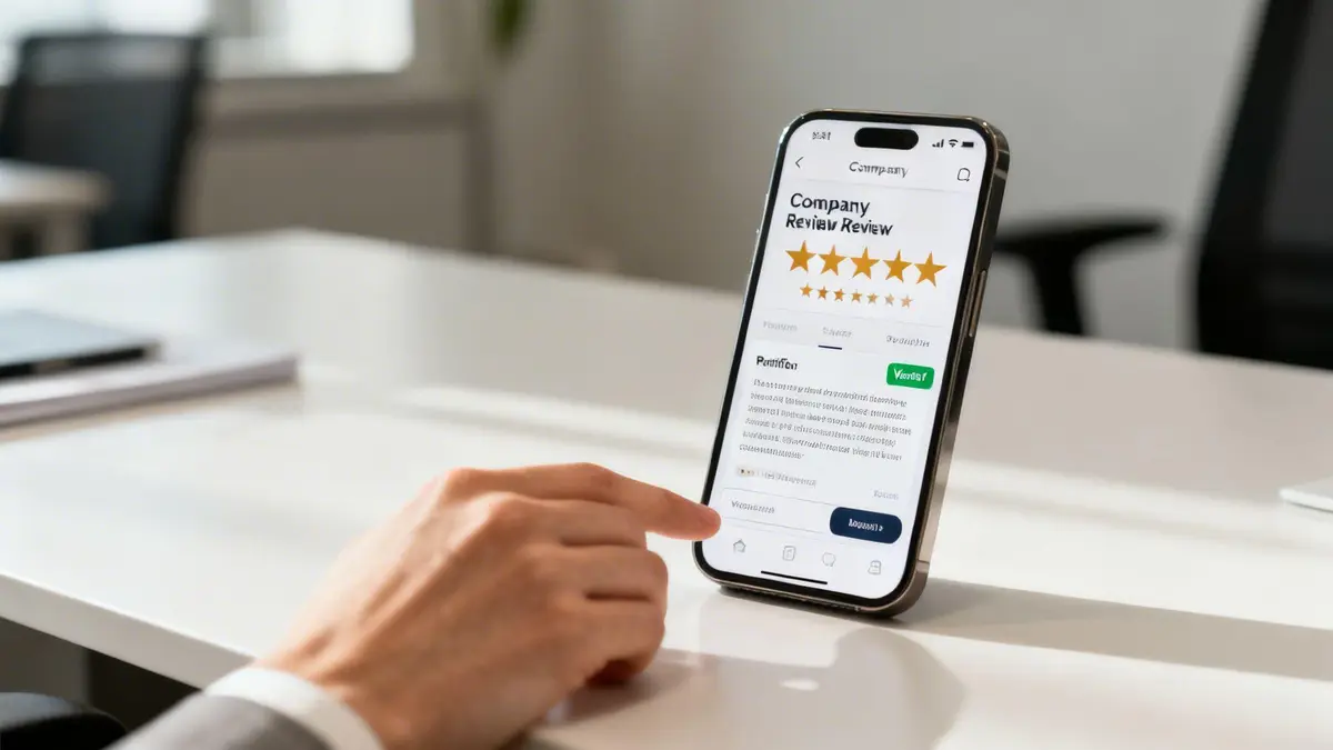 A hand interacts with a smartphone displaying a company review app with a 5-star rating.