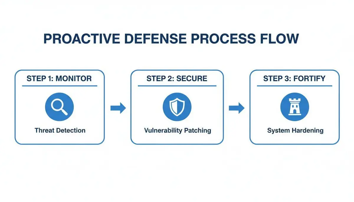 Diagram illustrating the proactive defense process: threat detection, vulnerability patching, and system hardening.