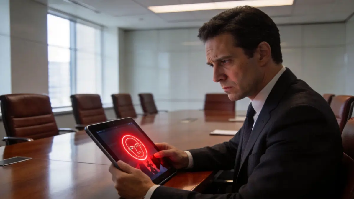 A businessman in a suit looks concerned while holding a tablet displaying a negative red face icon.