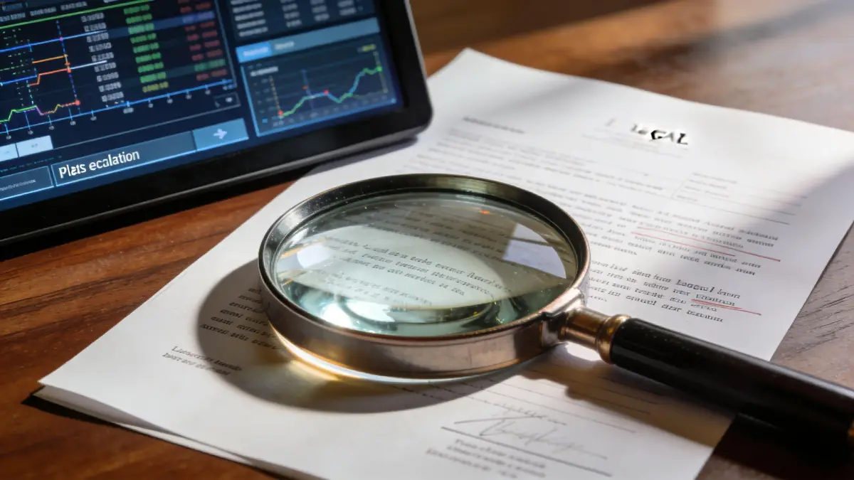 A magnifying glass lies on a document next to a digital tablet displaying financial trading charts.
