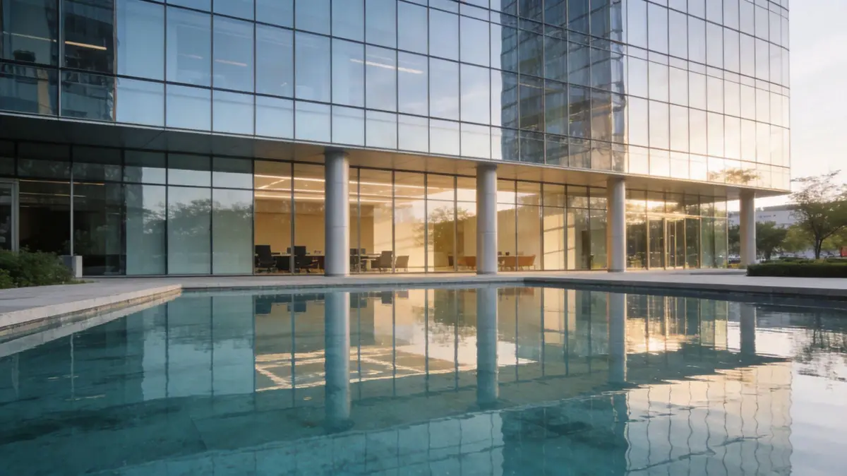 A modern glass office building reflected in a calm, rectangular reflecting pool at sunset.