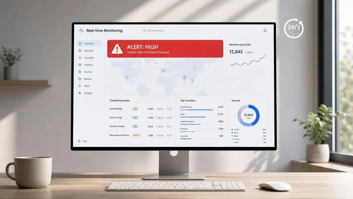 A modern computer monitor displaying a real-time media monitoring dashboard with data analytics and alerts.