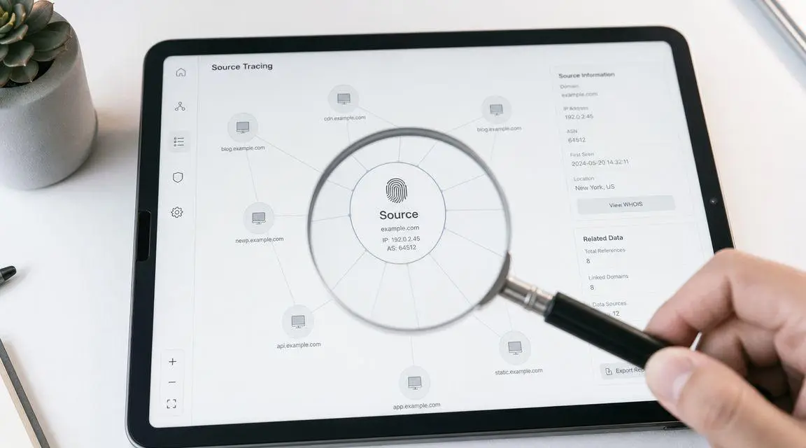 A digital tablet displaying an interactive network analysis dashboard being examined through a handheld magnifying glass.