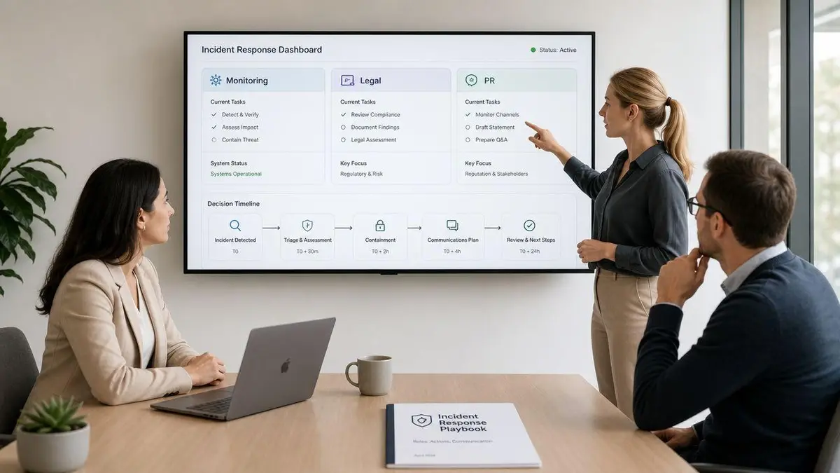 A professional team discussing incident response strategies and communication plans in a modern office meeting room.
