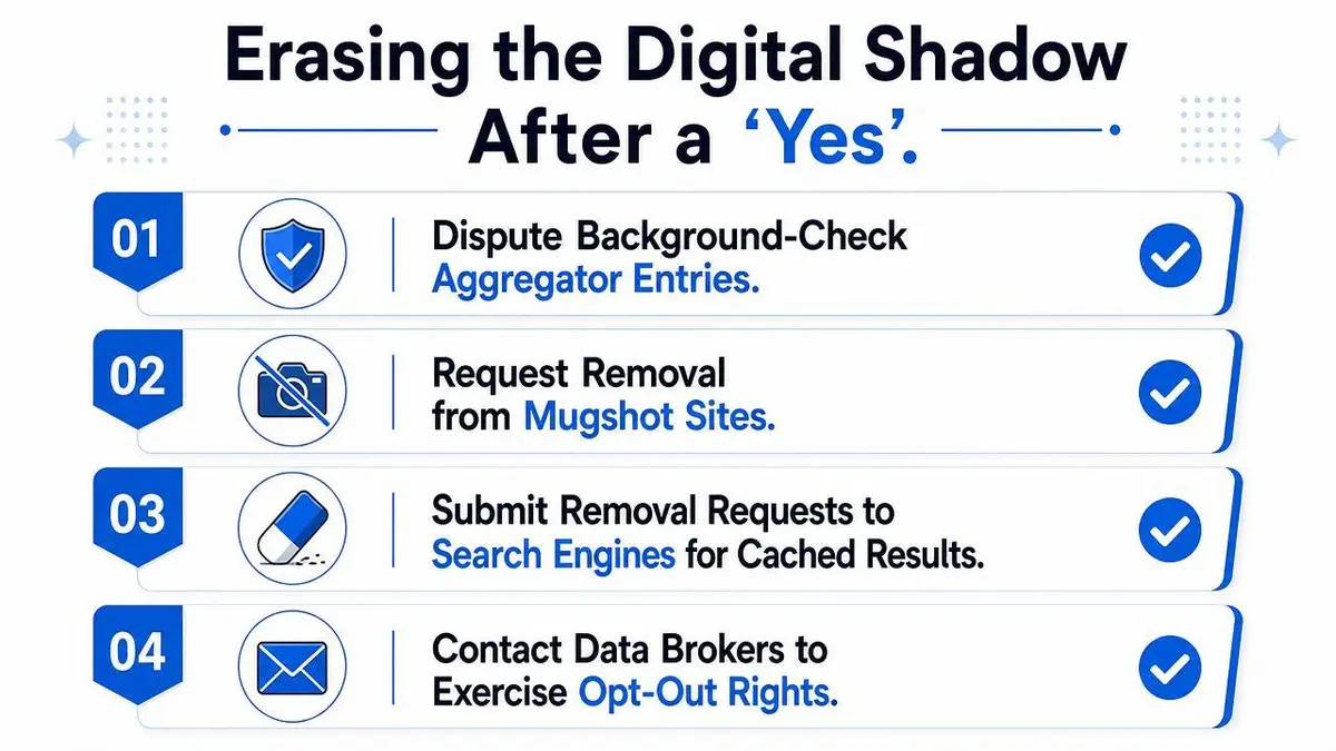 An infographic titled Erasing the Digital Shadow after a Yes, showing four numbered steps for removing personal data.