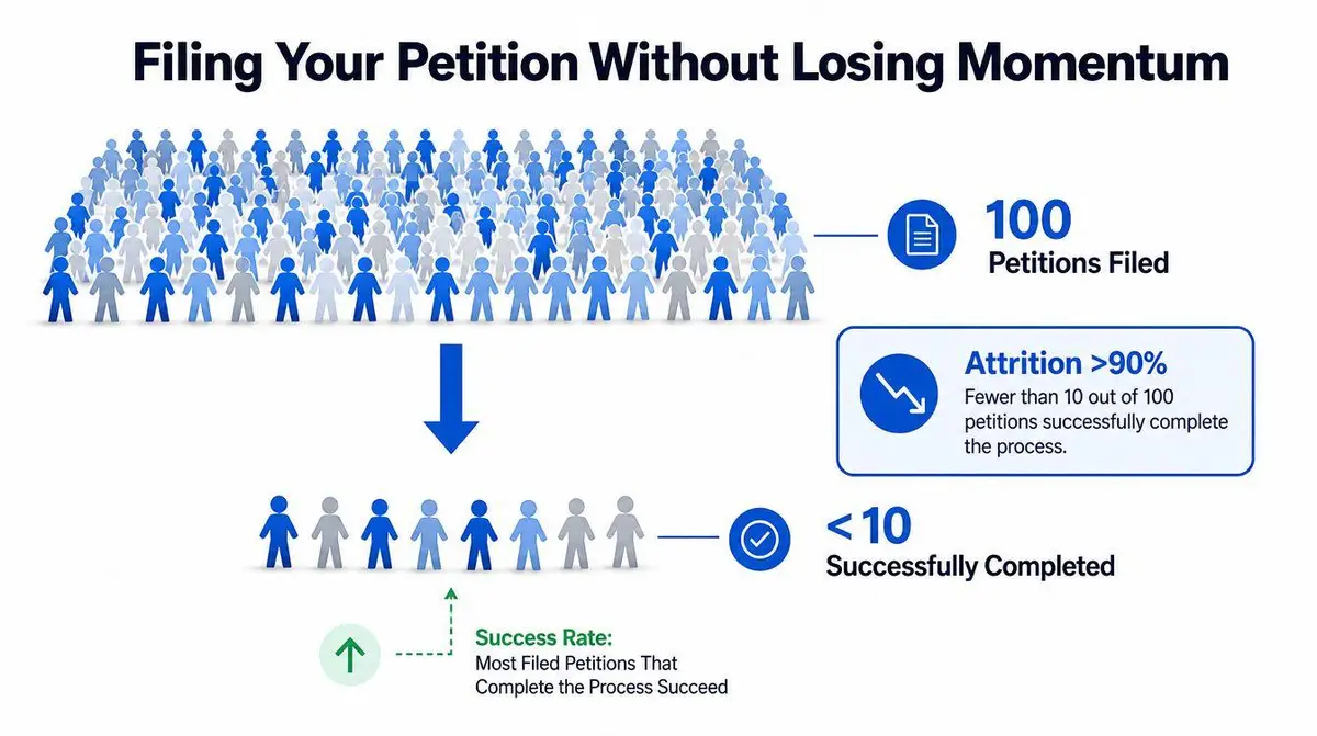 A diagram illustrating the high attrition rate of over 90 percent for filed petitions during the legal process.