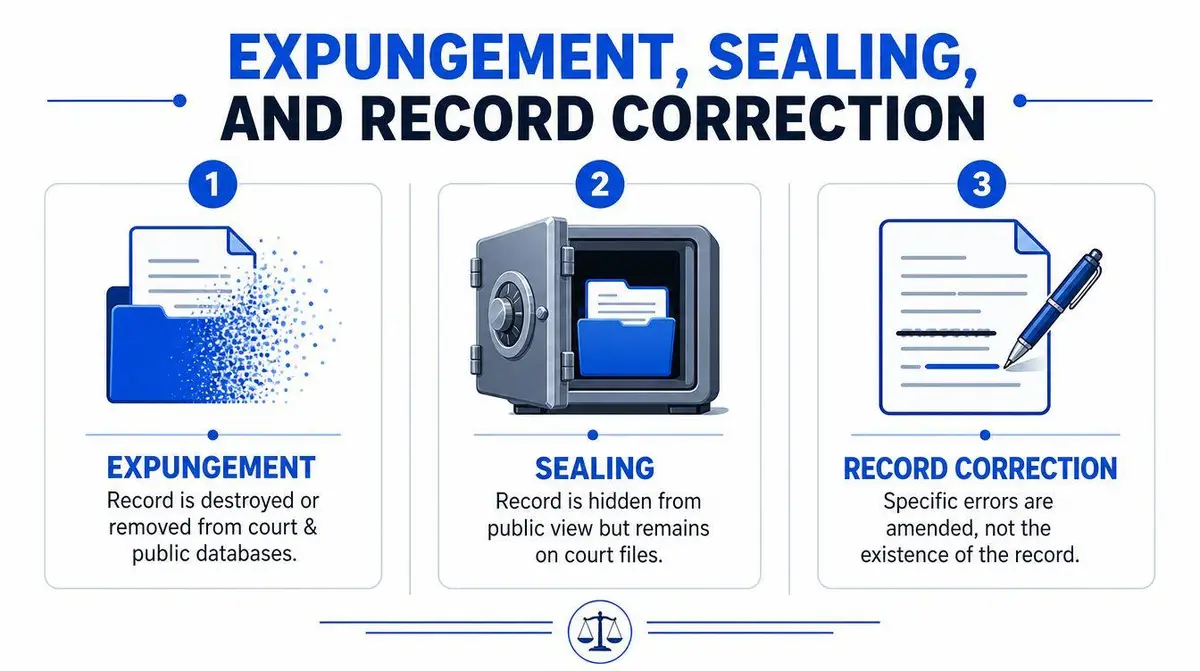 A diagram illustrating the differences between expungement, sealing, and record correction in a legal context.