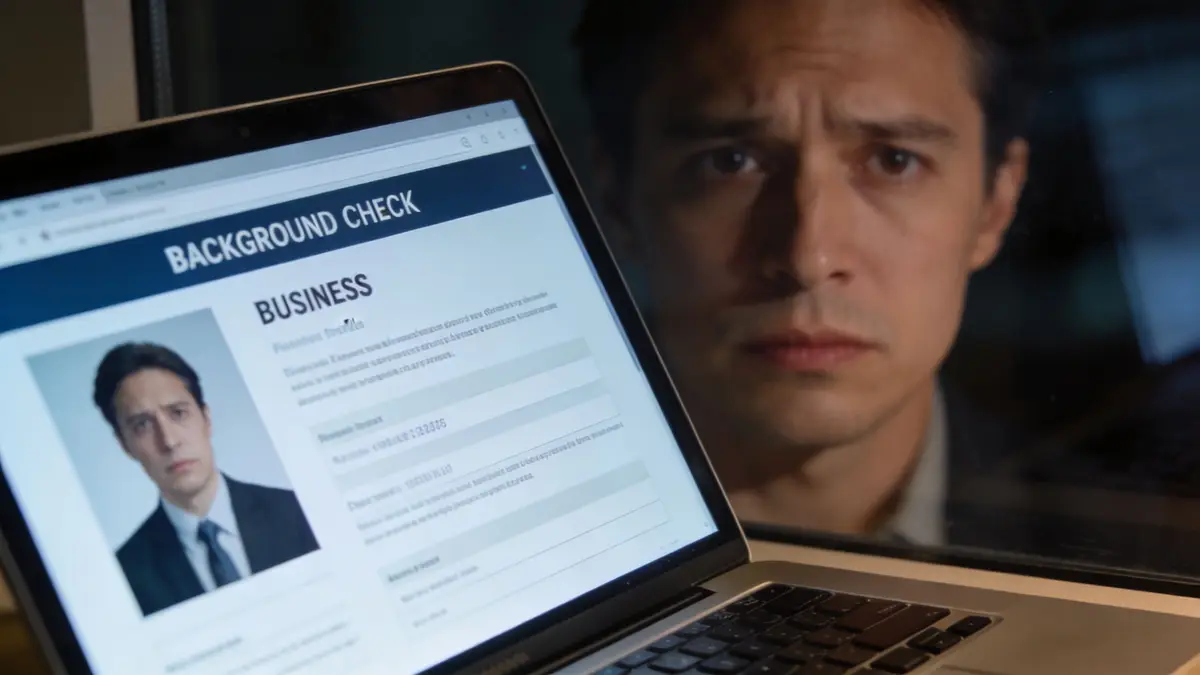 A man looks concerned while viewing a digital background check profile of himself on a laptop screen.