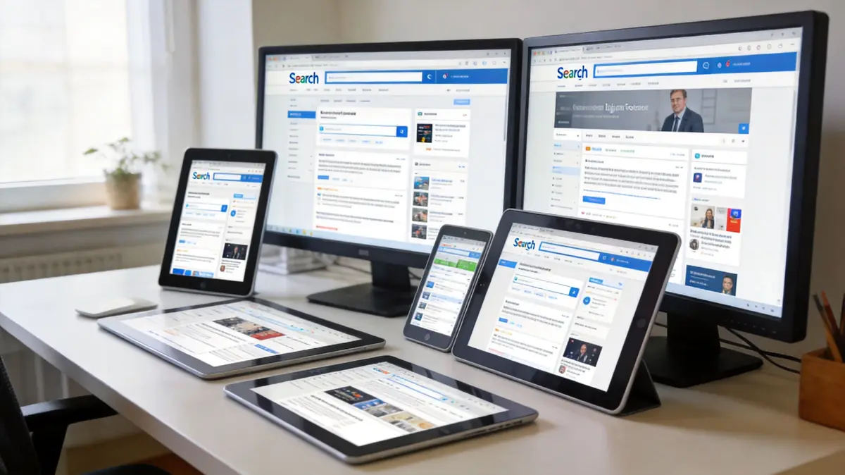 Multiple computer monitors and tablets displayed on a desk showing various digital search engine interfaces.