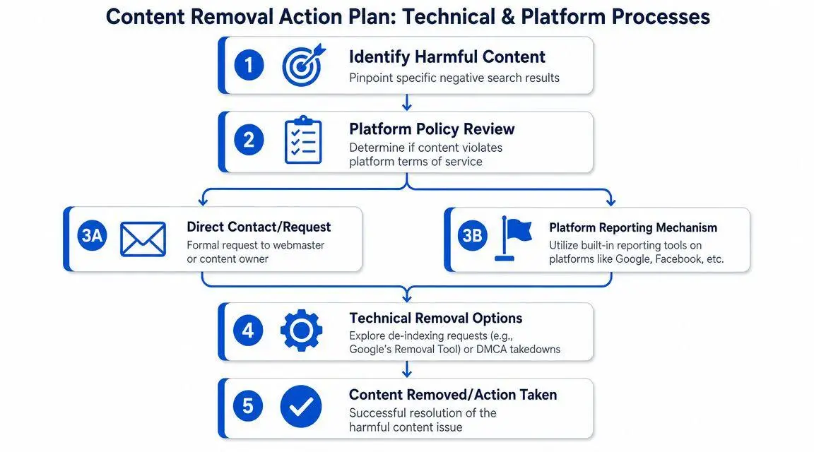 A flowchart titled Content Removal Action Plan outlining five logical steps for removing harmful online content.