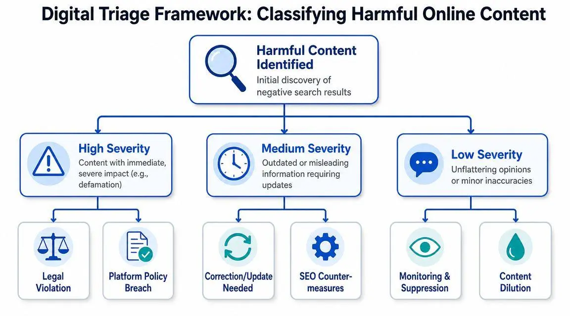 A digital triage framework flowchart illustrating the classification and management strategies for harmful online content.