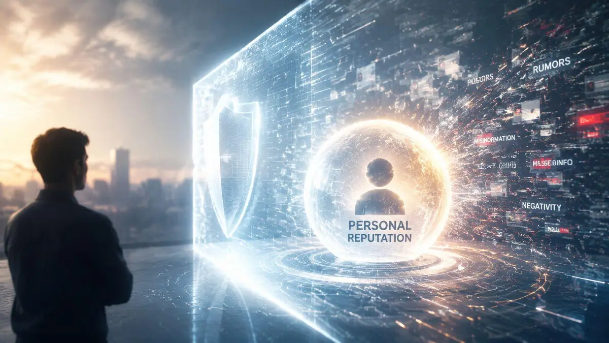 A businessman viewing a digital holographic display representing the protection of personal online reputation against misinformation.