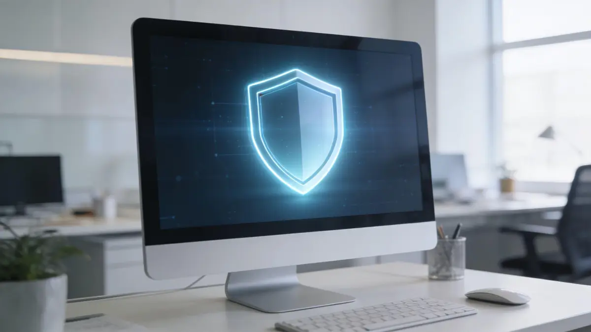 A modern computer monitor sitting on a desk displays a glowing blue shield icon representing digital cybersecurity.
