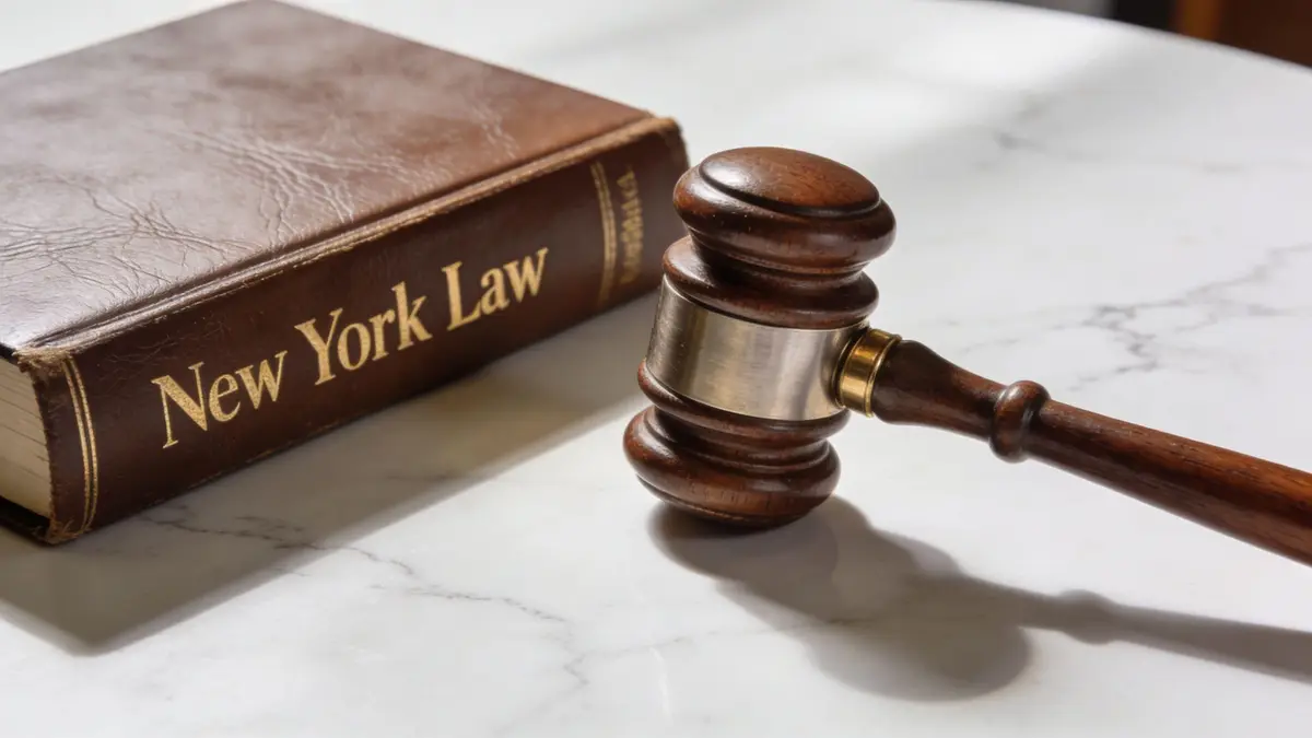 A wooden gavel resting on a white marble table next to a New York Law book.