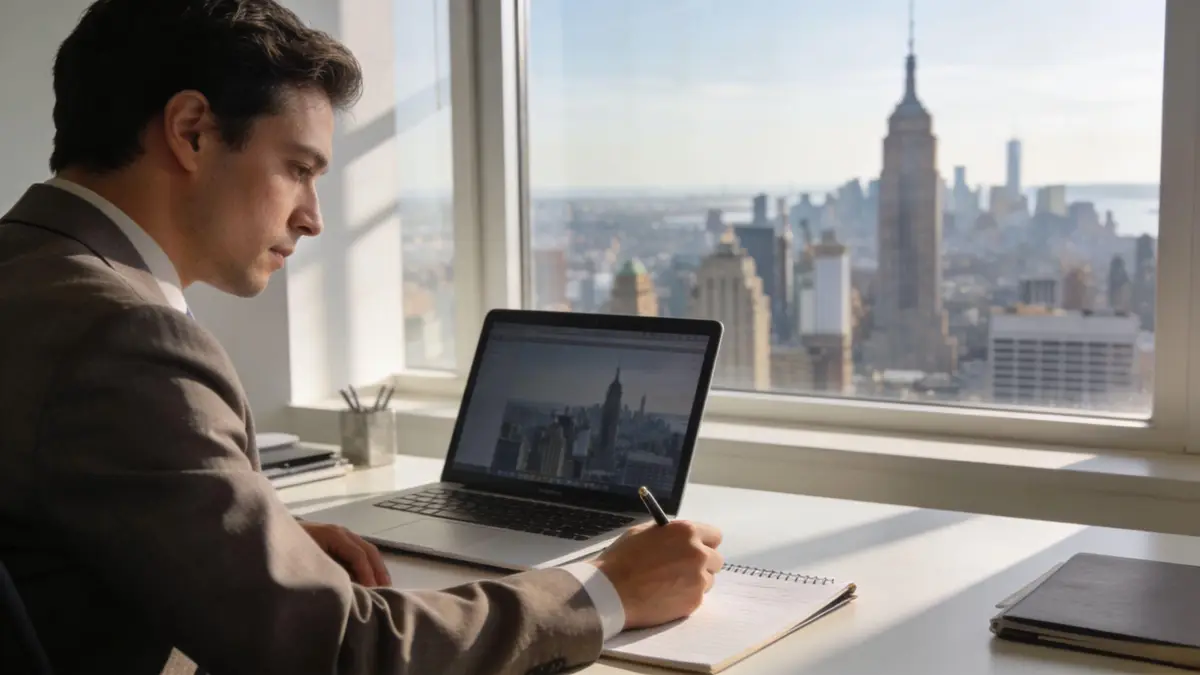 A professional man writing in a notebook while looking at a laptop inside a bright office.