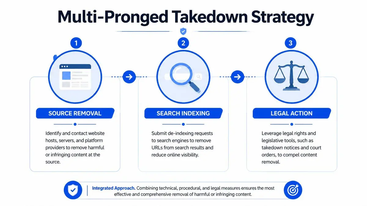 An infographic showing a multi-pronged takedown strategy with three steps: source removal, search indexing, and legal action.