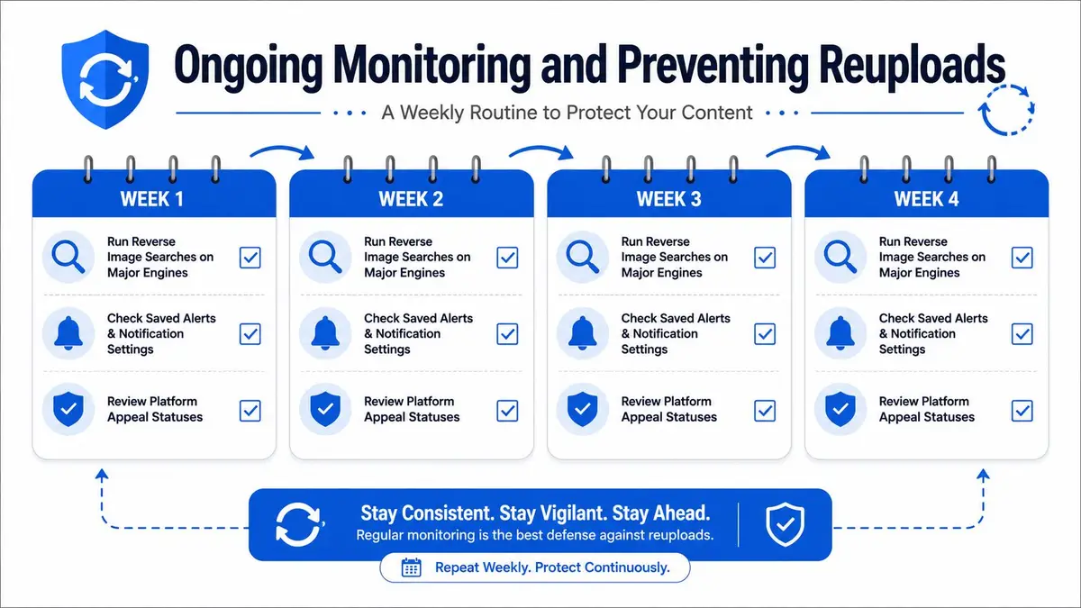 An infographic showing a four-week routine to monitor and protect content from unauthorized reuploads online.