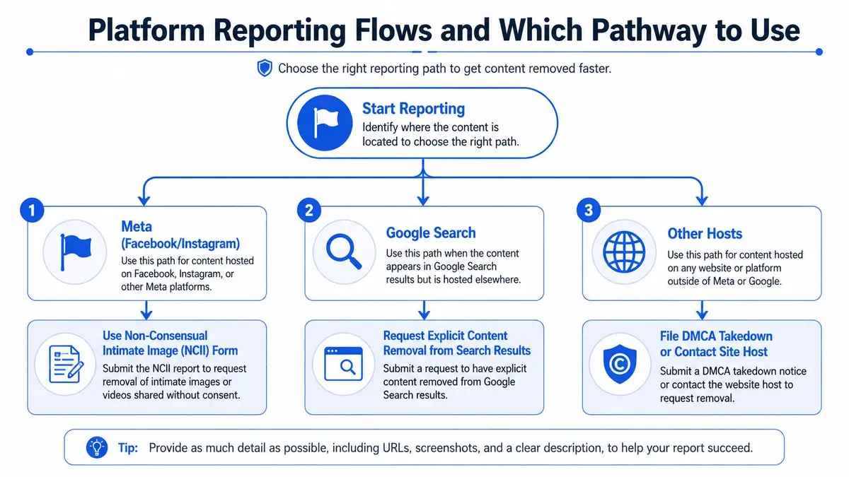 A flowchart guide explaining how to report and remove non-consensual intimate imagery from various online platforms.