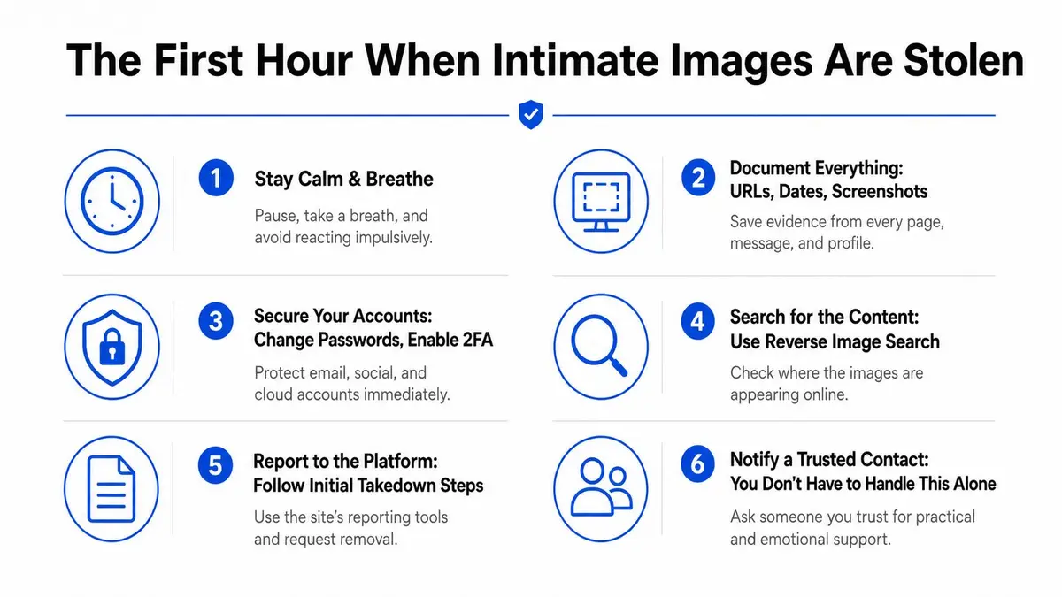 A helpful infographic showing six essential steps to take if your intimate images are stolen online.