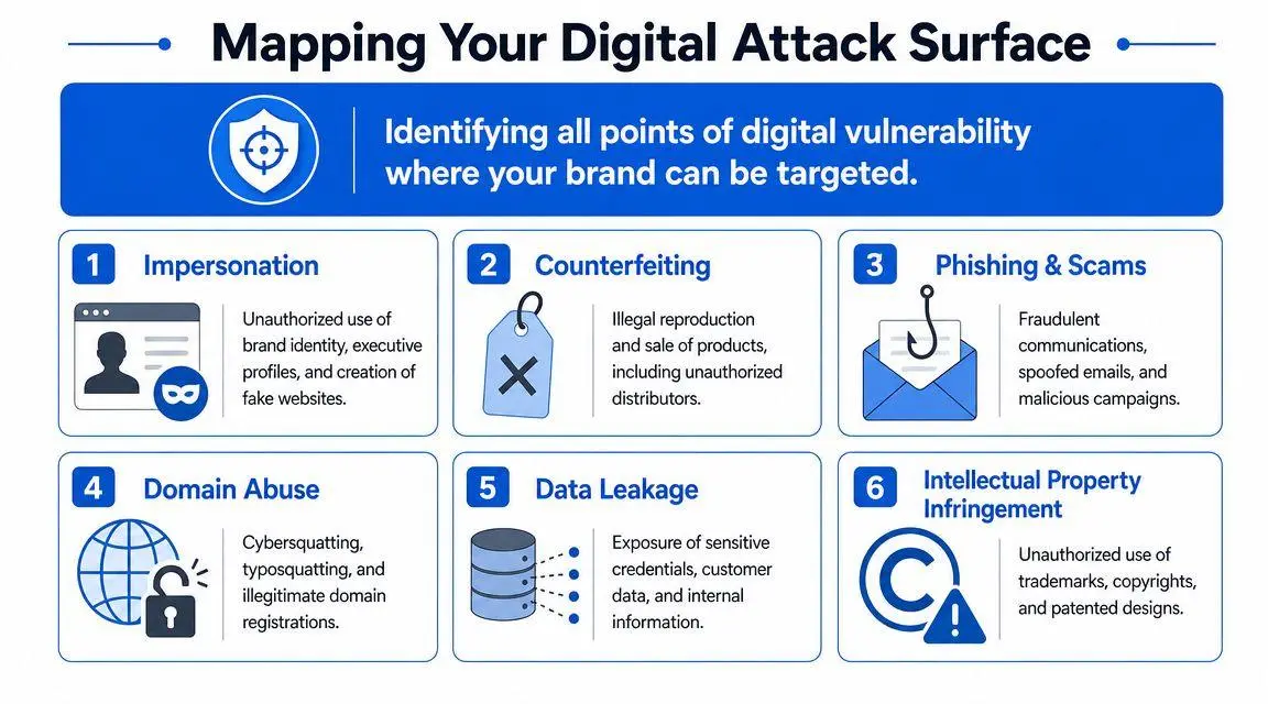 An infographic titled Mapping Your Digital Attack Surface identifying six common digital threats for brand protection.