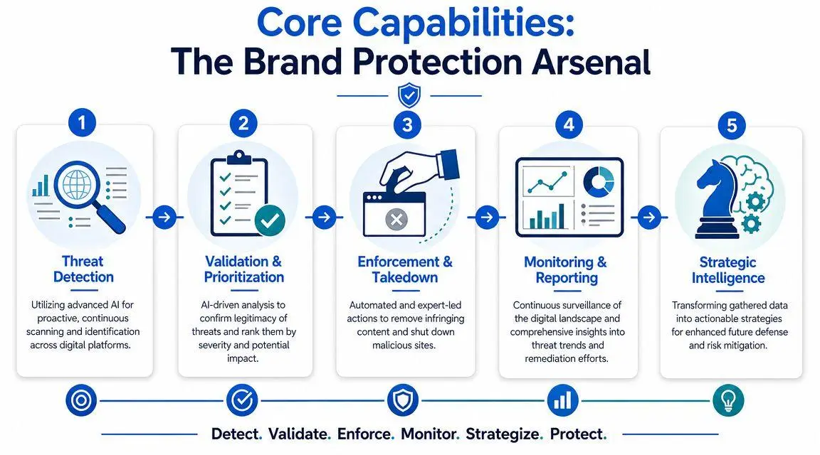 A diagram outlining five core steps for brand protection strategies including detection, validation, enforcement, monitoring, and intelligence.
