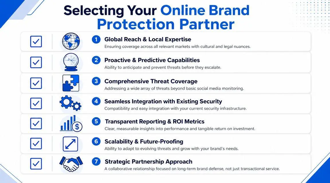 A list of seven key considerations for choosing the right online brand protection partner for your business.