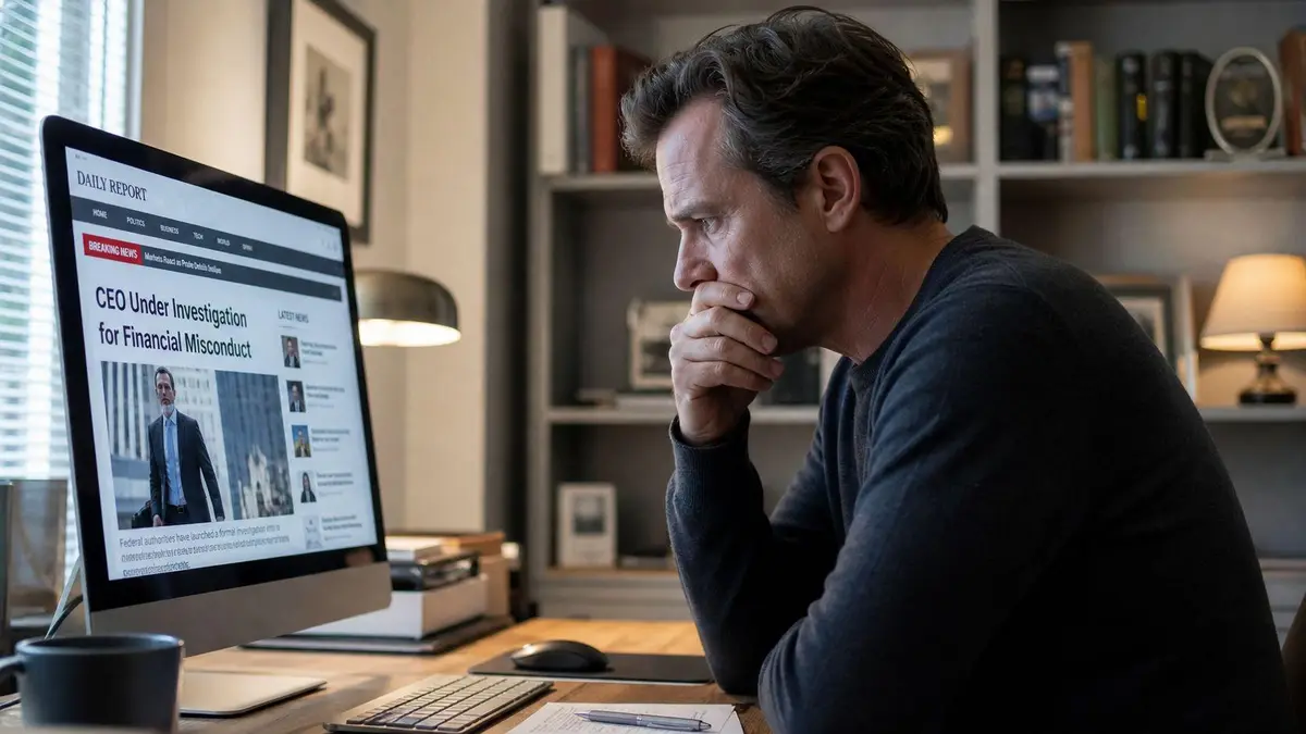 A concerned man sitting at his desk looking at a computer screen displaying news about financial misconduct.