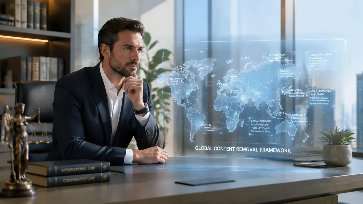 A professional lawyer sitting in his office looking at a holographic global map about content removal frameworks.