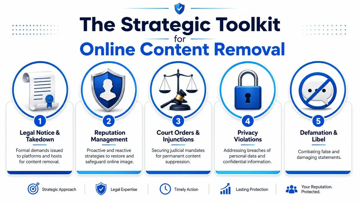 A strategic toolkit infographic for online content removal, showcasing legal, reputation, and privacy protection services.