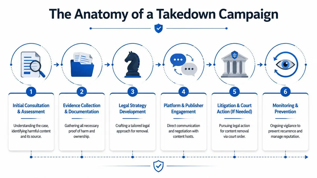 A six-step infographic detailing the professional process of an online takedown campaign for digital content removal.