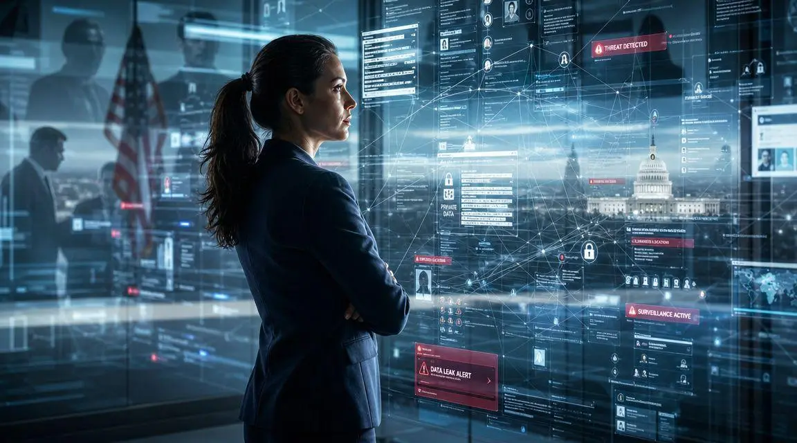 A professional woman monitoring a digital interface displaying data leaks and government surveillance in a high-tech office.