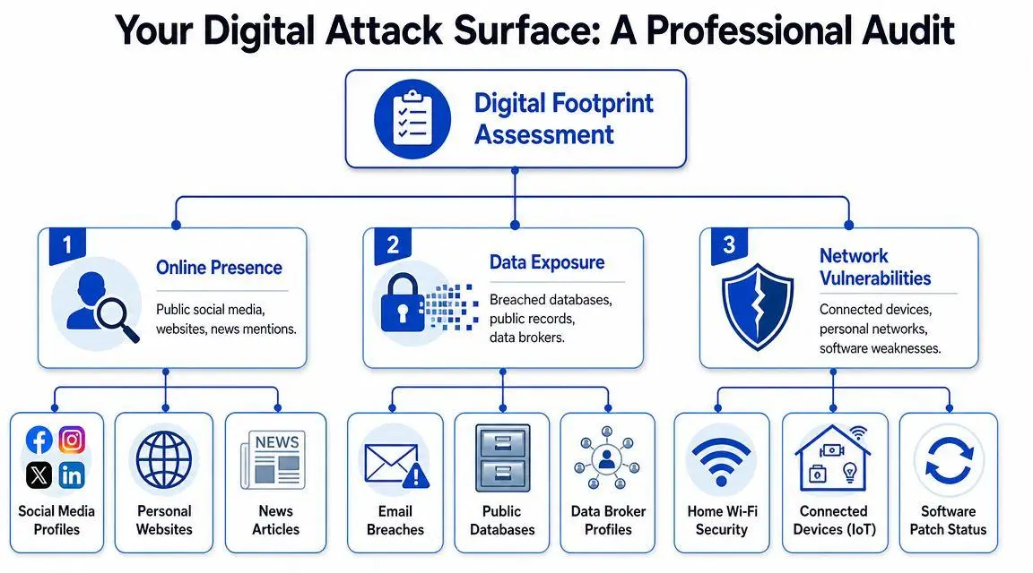 An infographic titled Your Digital Attack Surface displaying three main audit categories for personal digital privacy protection.