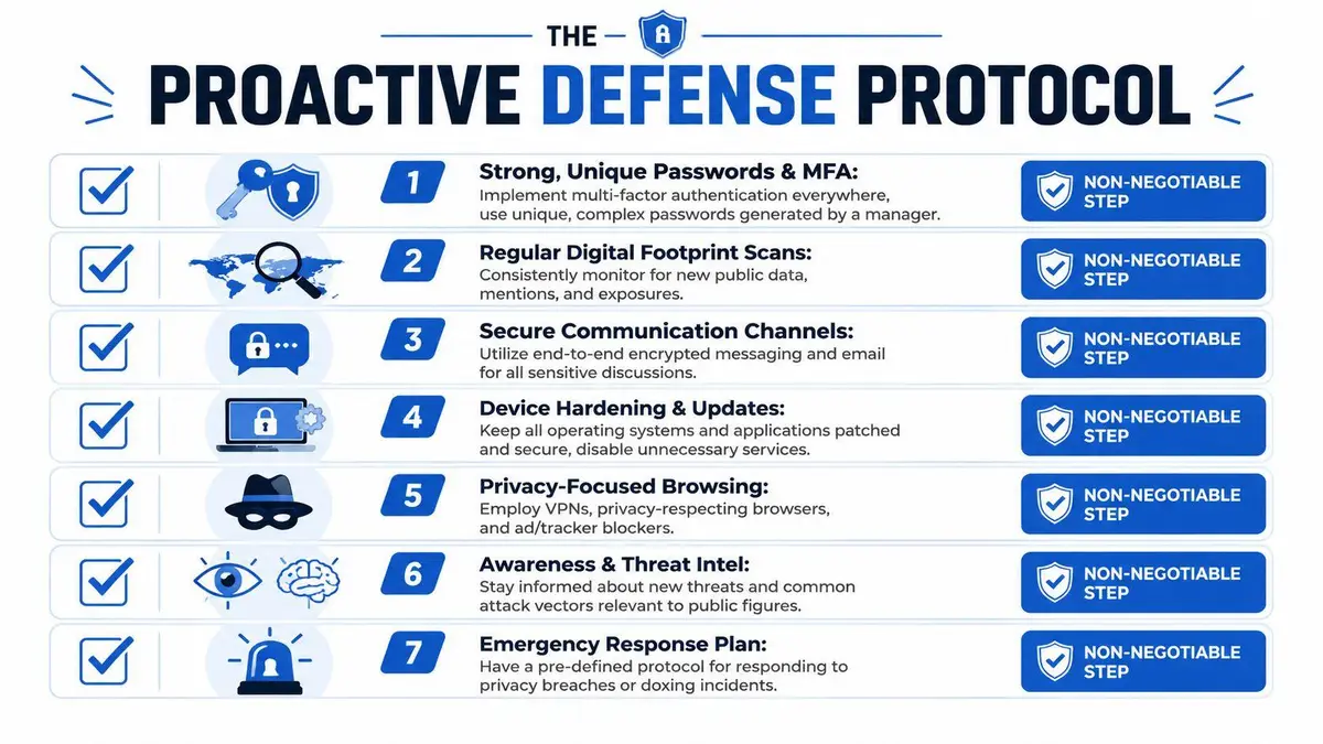 A proactive digital defense protocol list outlining seven essential security steps for protecting personal online privacy.
