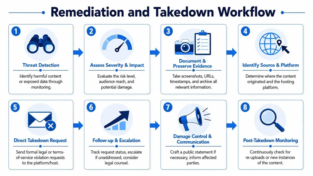 A structured 8-step infographic illustrating the remediation and takedown workflow for managing harmful online content.