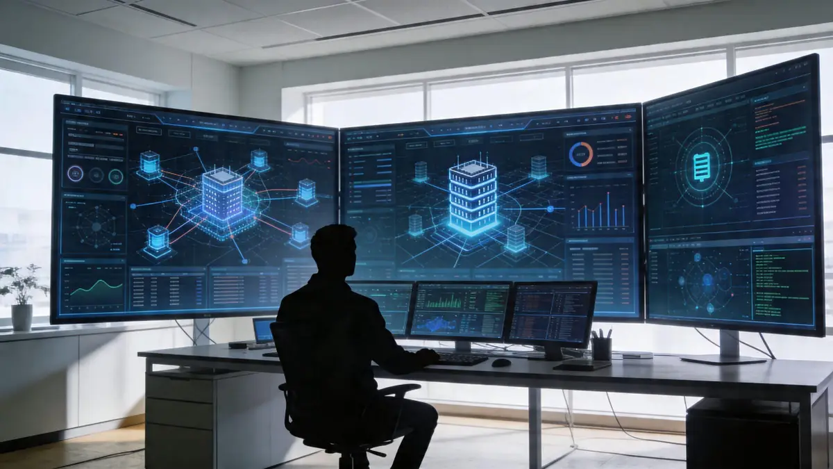 A silhouette of a professional monitoring complex digital data and server infrastructure on multiple large computer screens.