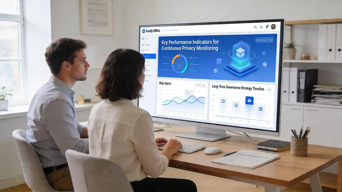A professional man and woman collaborate on a digital interface for continuous online privacy monitoring for UHNWI clients.