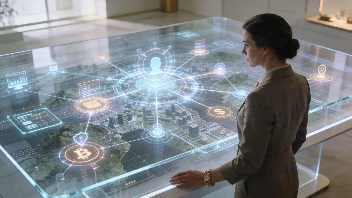 A professional woman in a suit viewing a digital interactive map on a glass table displaying holographic data.