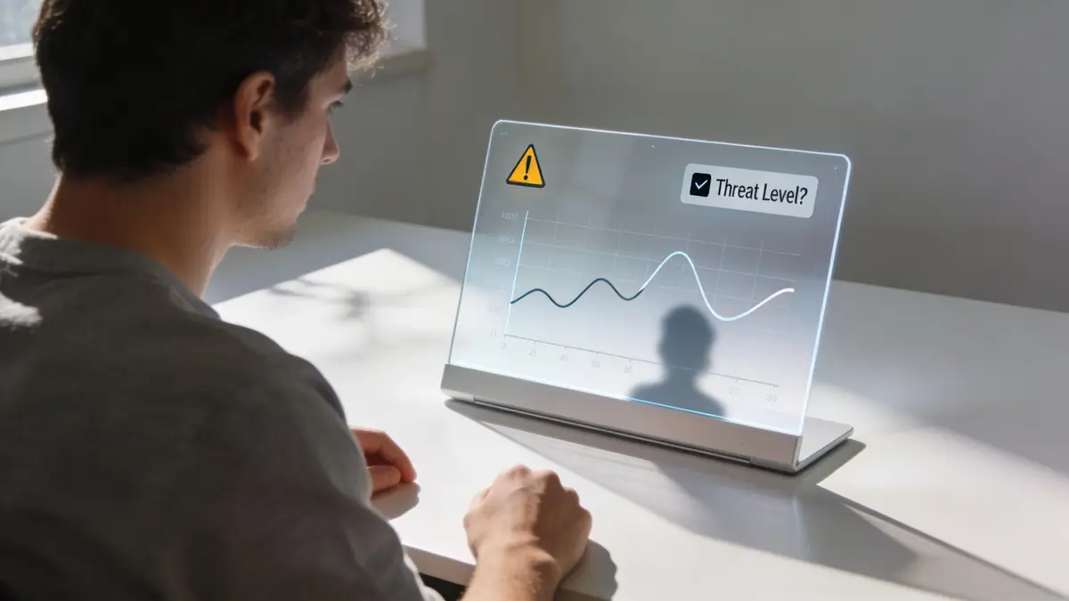 A man observing a digital screen displaying a rising trend chart with a warning icon and threat level text.