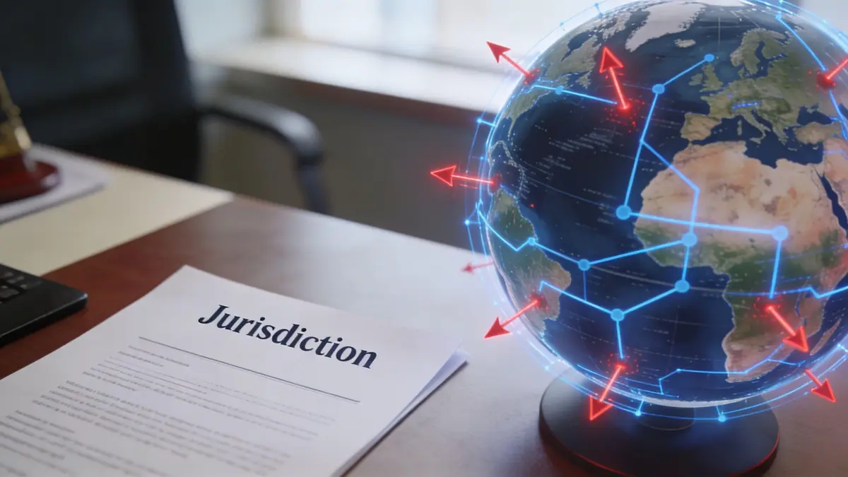 A document titled Jurisdiction resting on a desk next to a digital globe with global network connections.