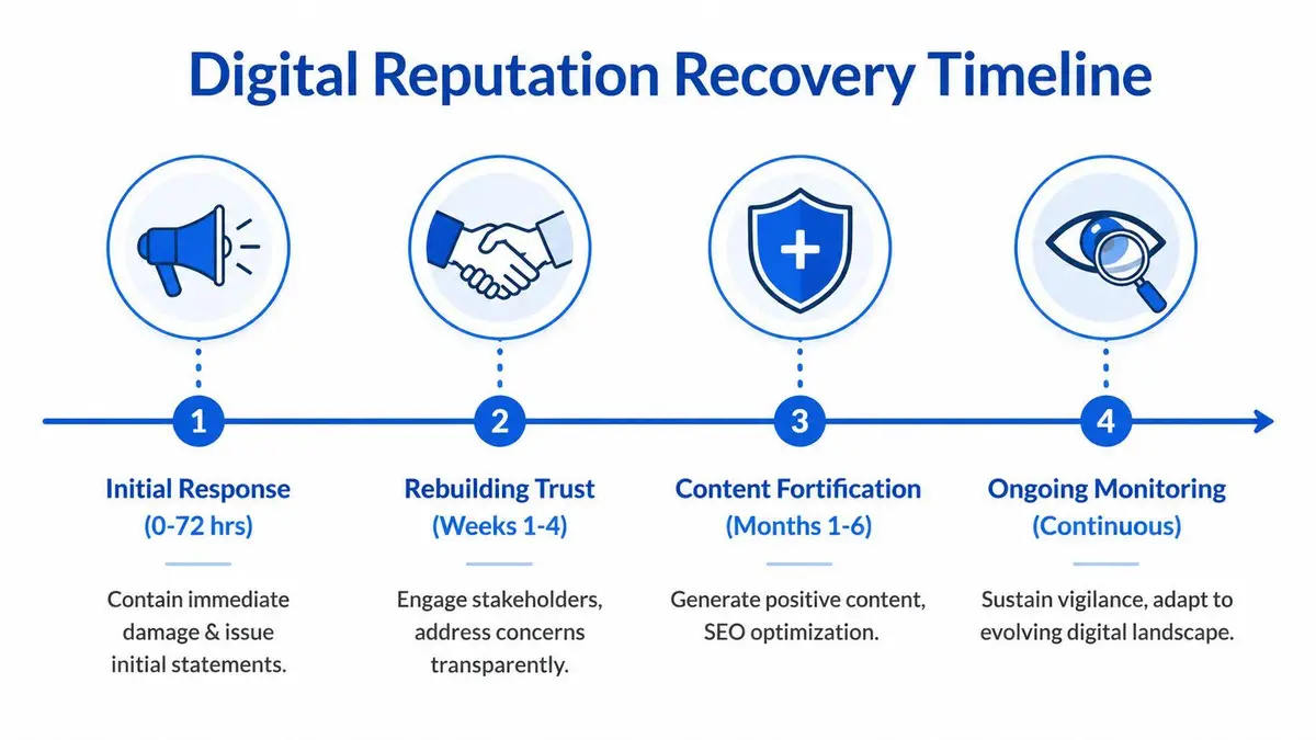 A four-step infographic illustrating the timeline for an effective digital reputation recovery and brand management process.