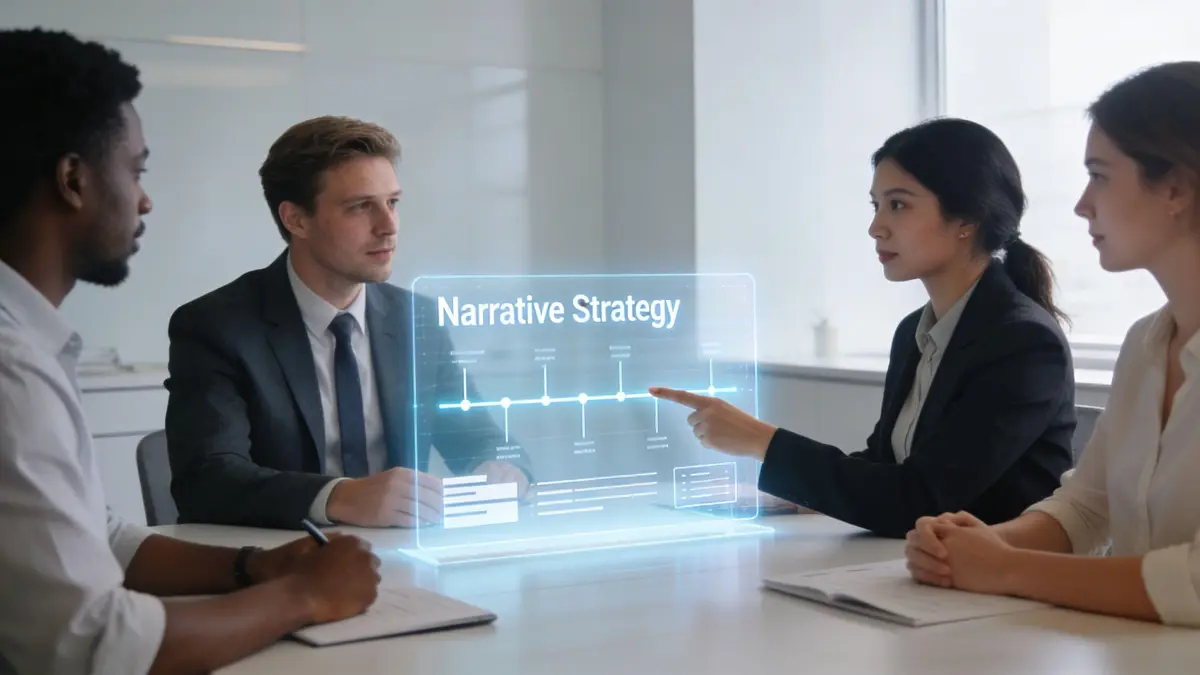A professional team in a meeting room collaborating on a digital hologram display about narrative strategy.